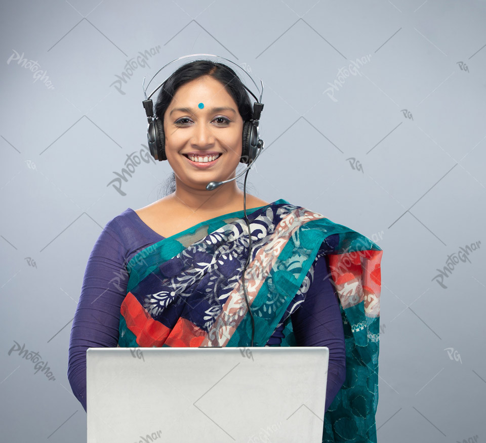 Confidence happy smiling woman in call center