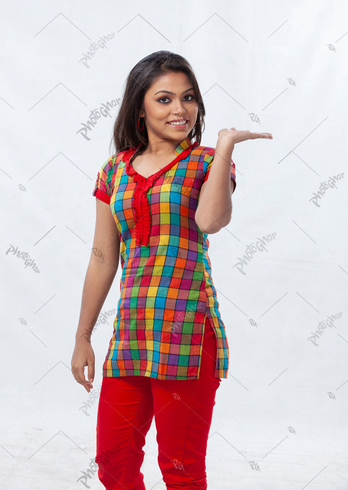 Confident woman showing empty hand palm