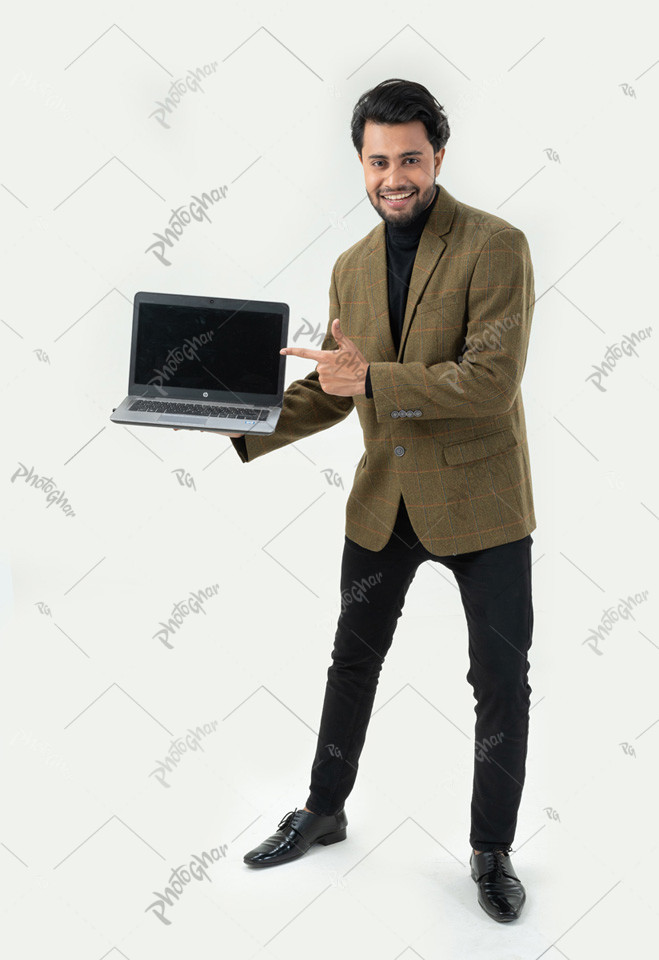 Elegant man pointing at laptop screen