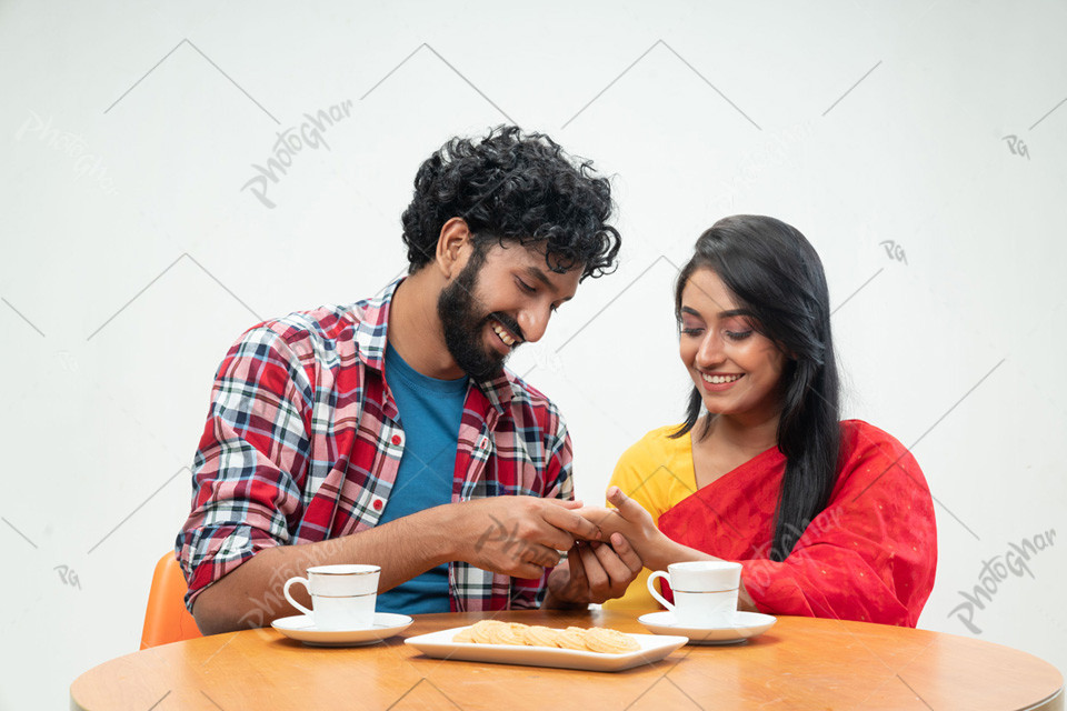 Happy couple husband wife having breakfast