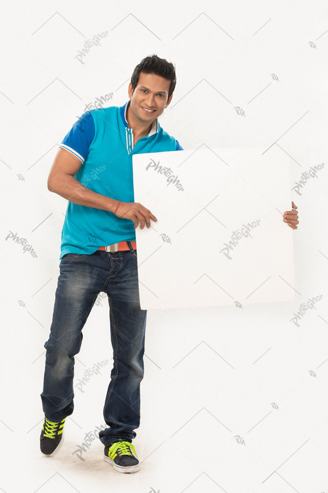 Happy man displaying information board