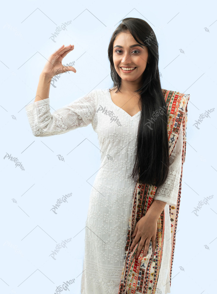 Long hair woman holding blank space