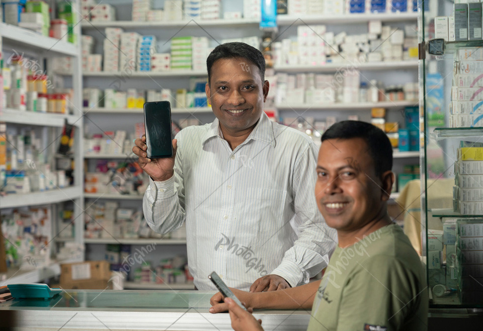 Medicine salesman and customer using mobile apps