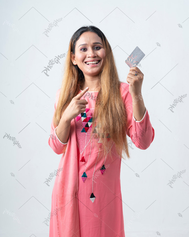 Modern happy woman pointing Visa Cards