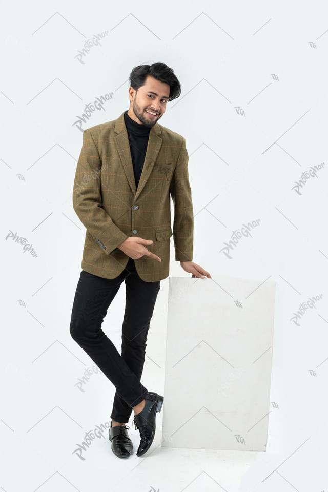 Smart cheerful man holding placard