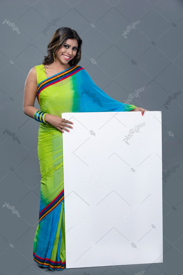 Smart young housewife holding view card