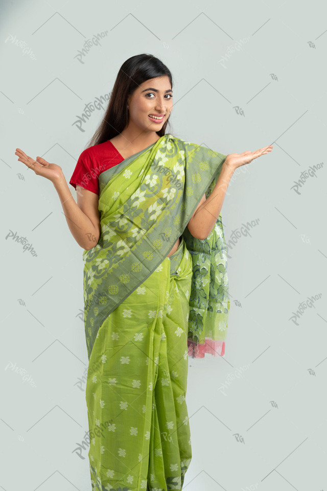 Smiling woman showing empty palm