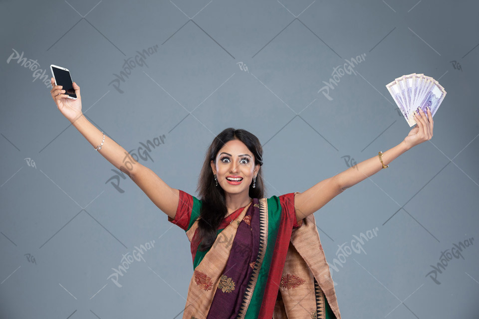 Surprised woman showing best discount offers