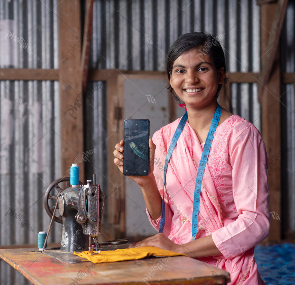 Village rural poor girl showing mobile screen