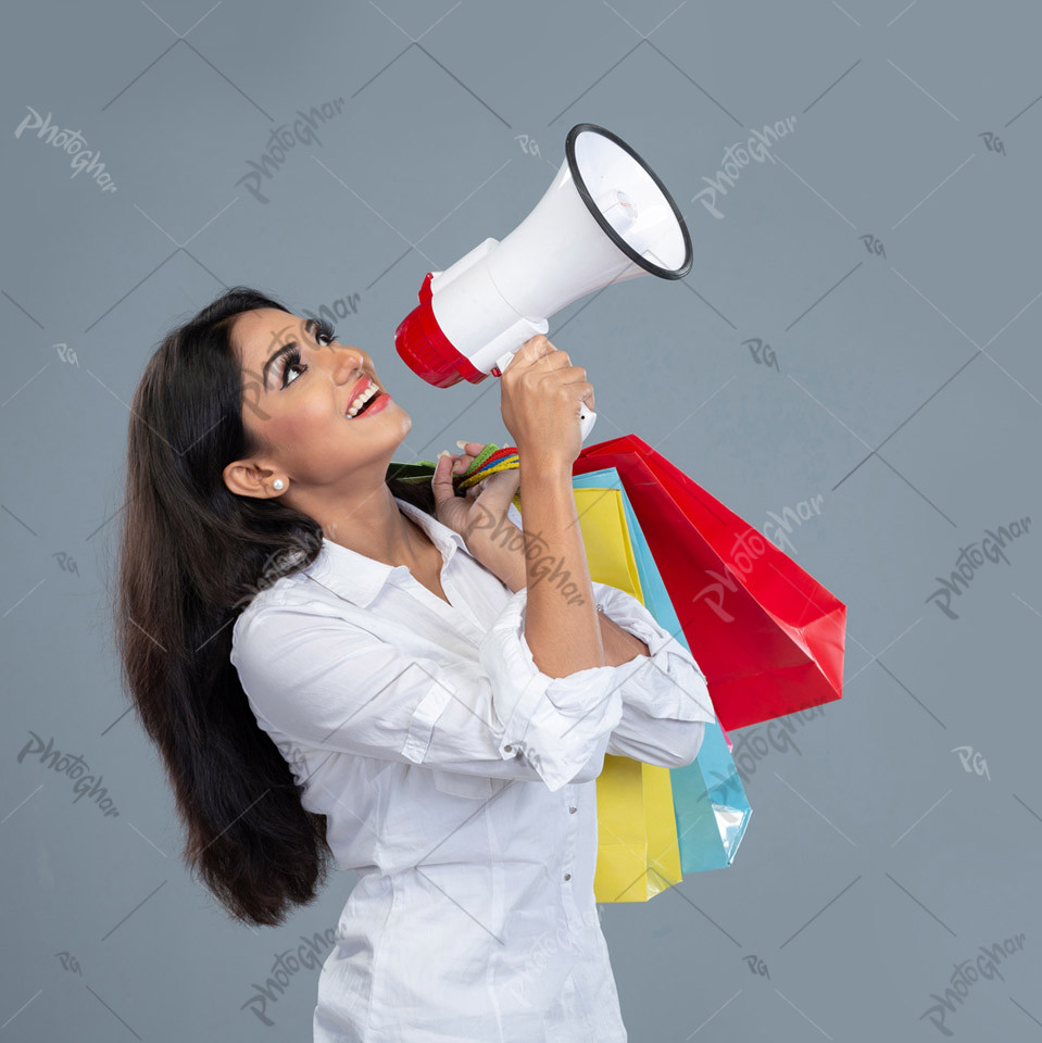 Woman Announcing Offers with a Megaphone