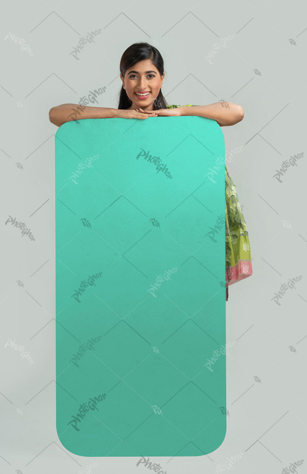 Woman displaying cyan board