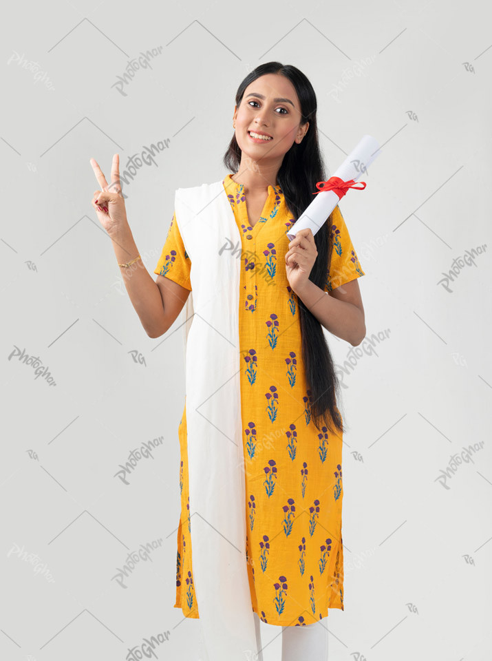 Woman entrepreneur holding award and victory sign