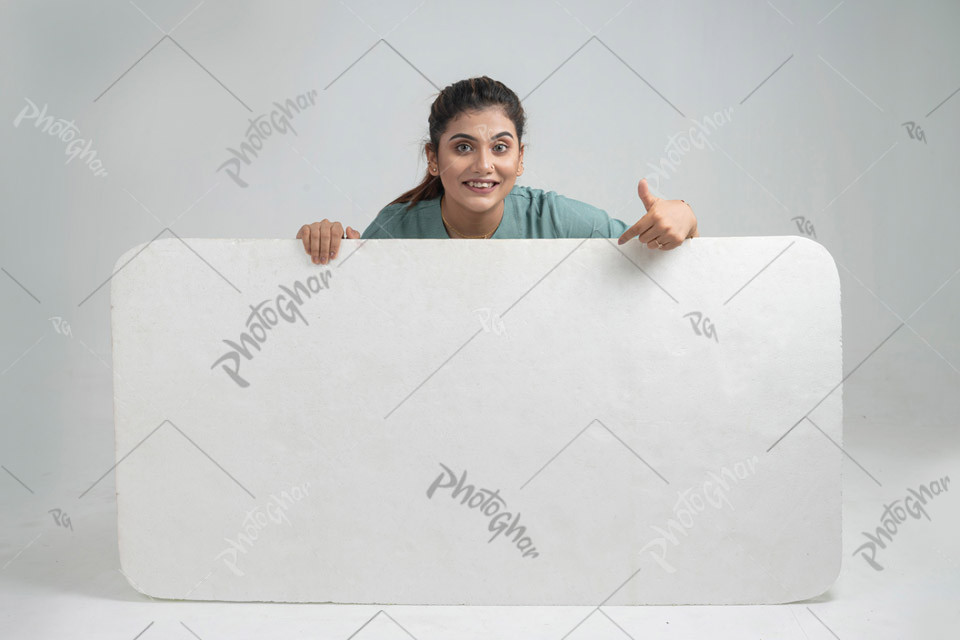 Woman holding discount offers placard