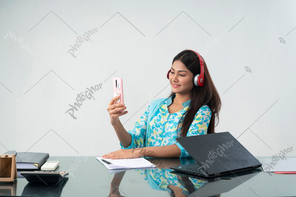 Young female officer takes video call