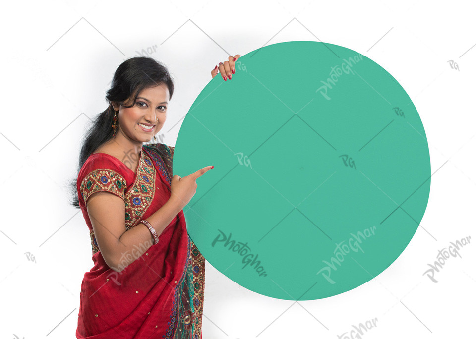 beautiful woman holding round message board