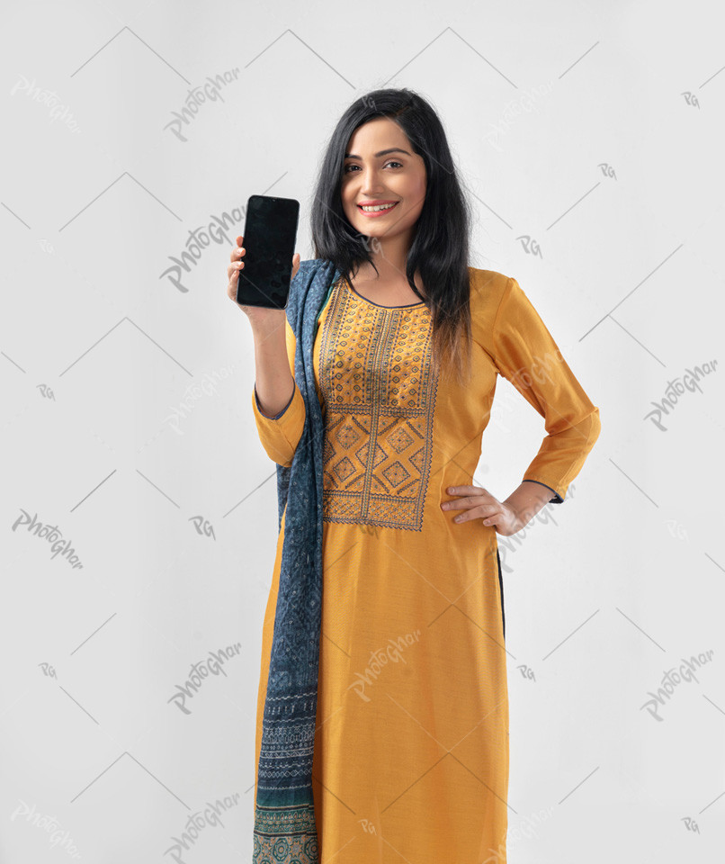 beautiful woman showing Mobile Phone screen for online payment.