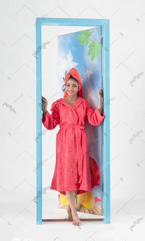 beautiful young lady in pink shower towel