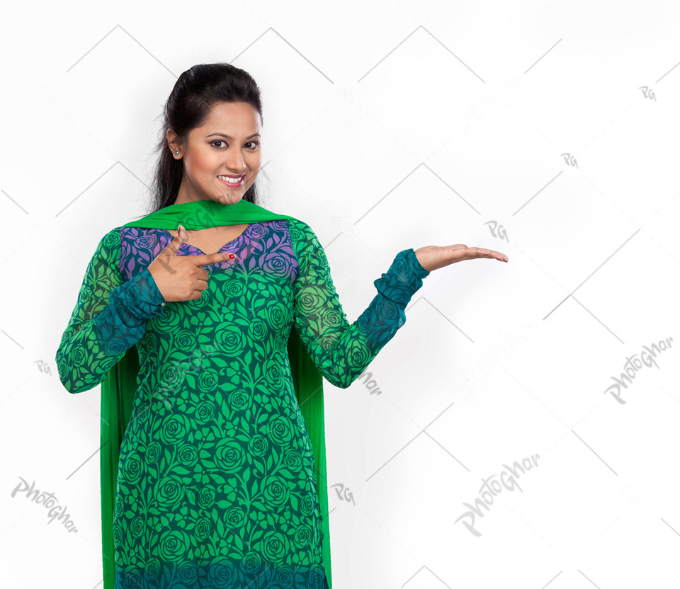 cheerful woman displaying blank product