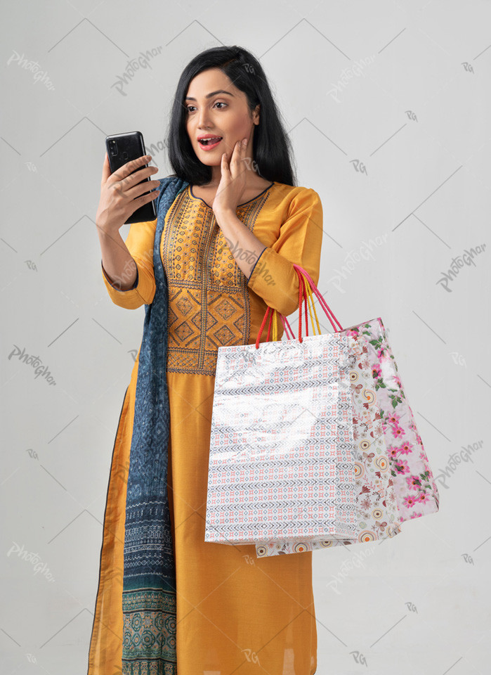 half length portrait of excited young woman