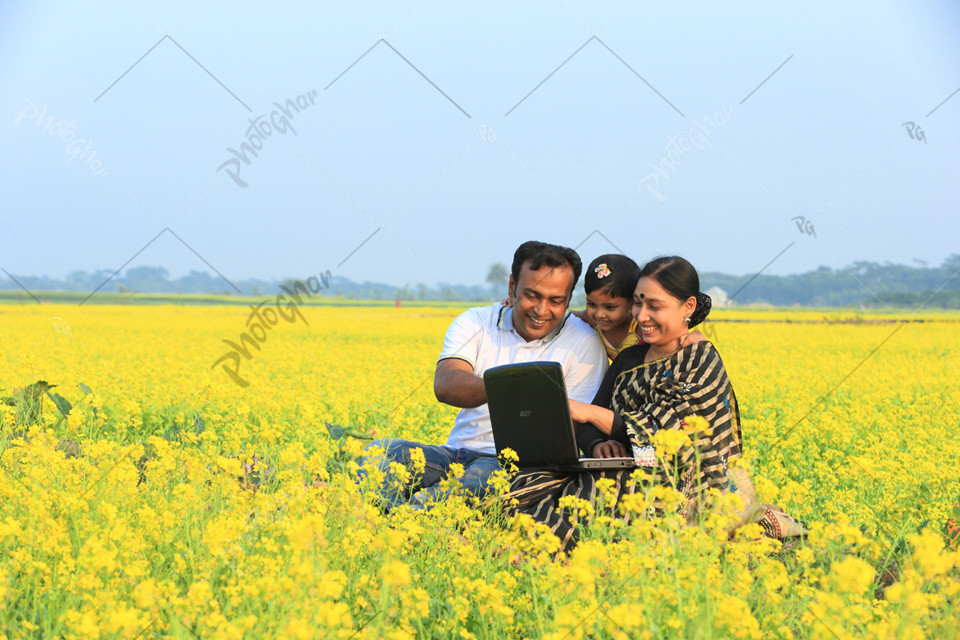 happy family using laptop