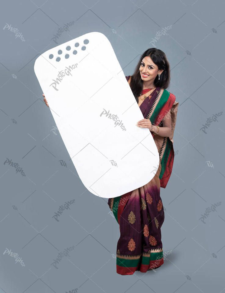 happy woman of Bangladesh showing mobile cutout