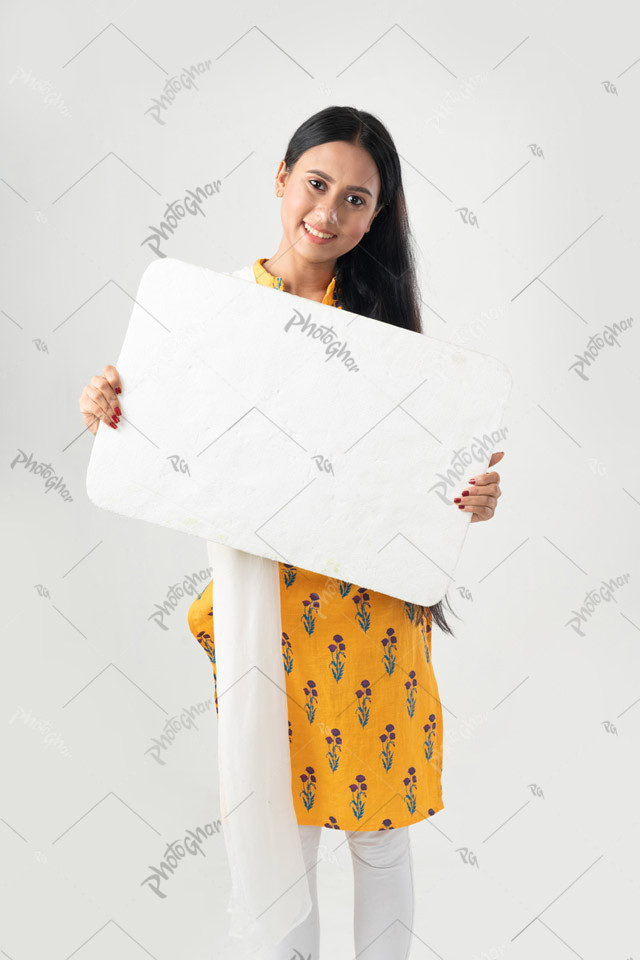 joyful lady holding up blank cutout