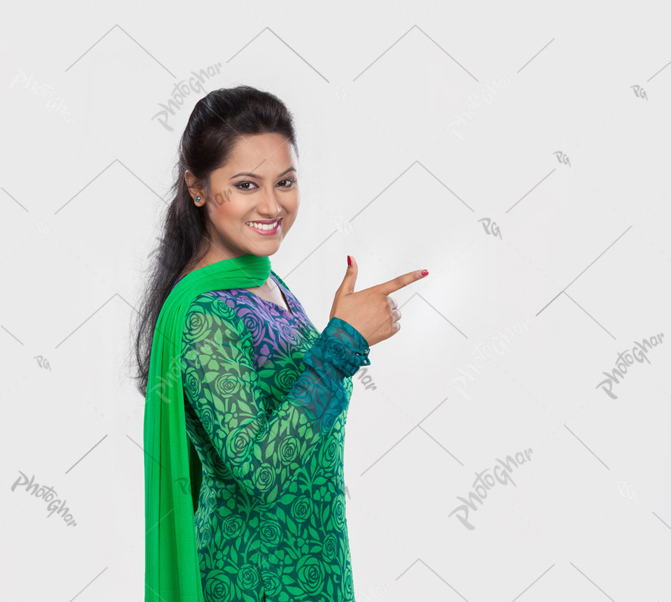 joyful woman pointing forward