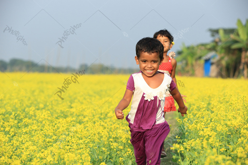 little children running through the mustard field. blurred effect.