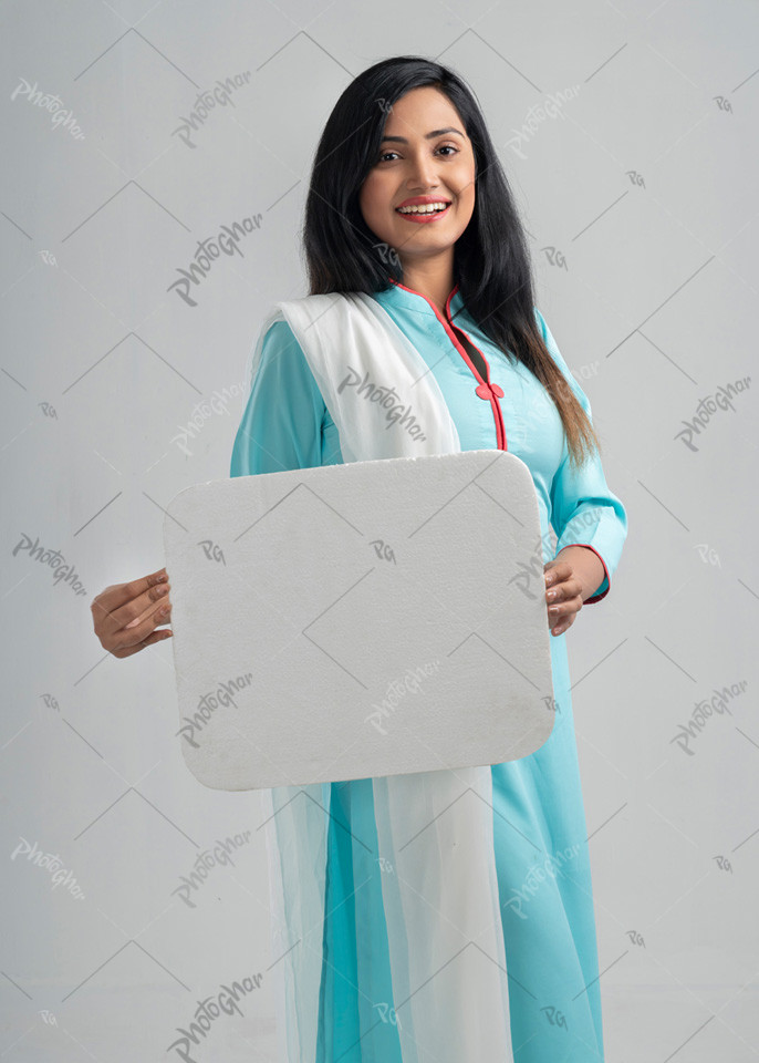 model holding placard